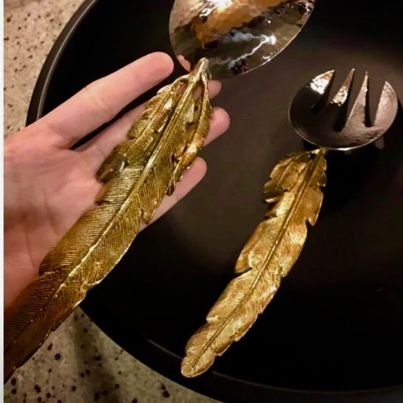 Michael Aram gold feather spoon fork servers. - Picture 3 of 7